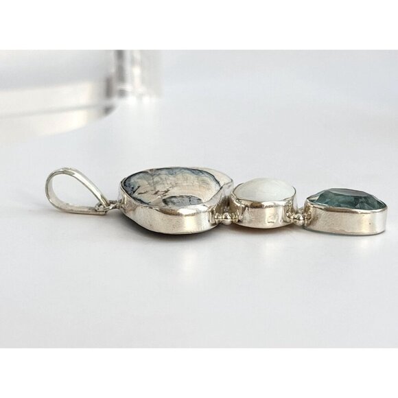 Agate, Mother of Pearl & Aquamarine Gemstone Sterling Silver 925 Vintage Pendant - Picture 10 of 10